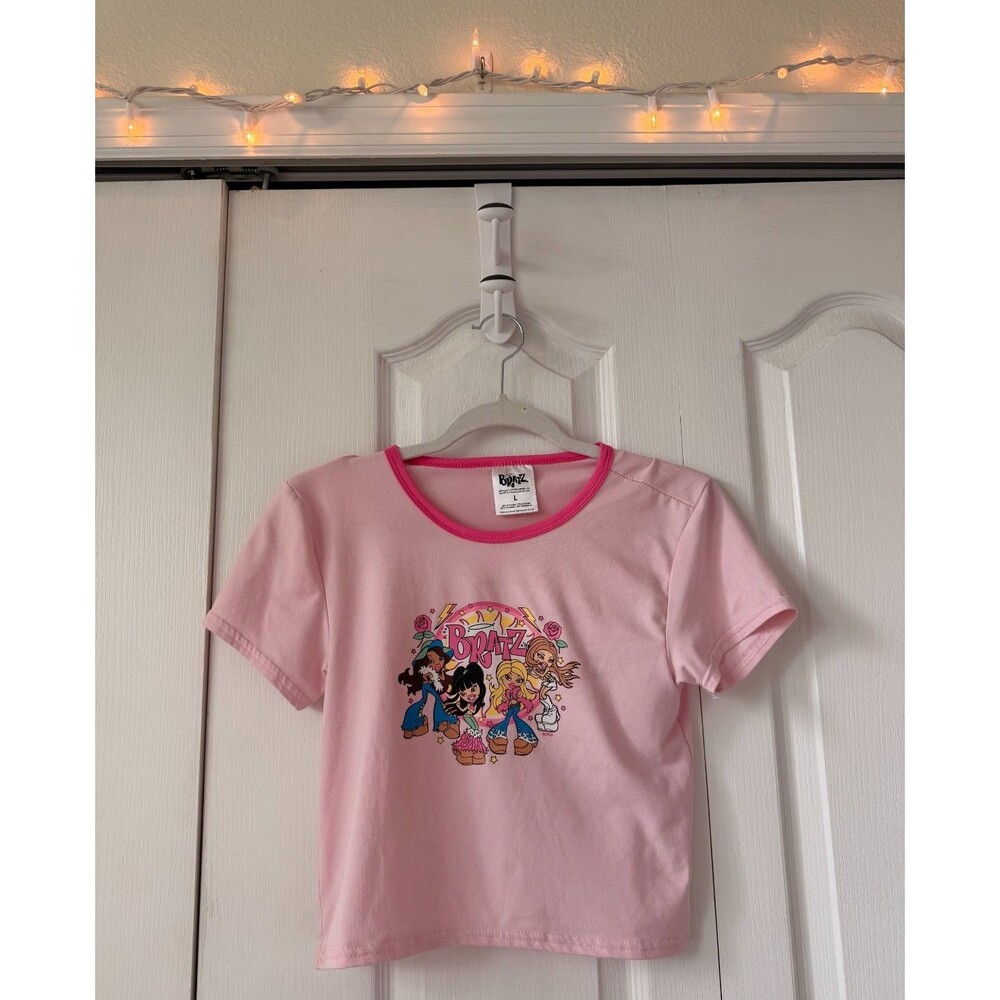 Bratz Pink Y2K Graphic Ringer Cropped Baby Tee, Women's Large